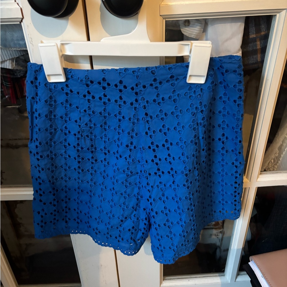 Zara Embroidered Eyelet Shorts High-Waisted Royal Blue